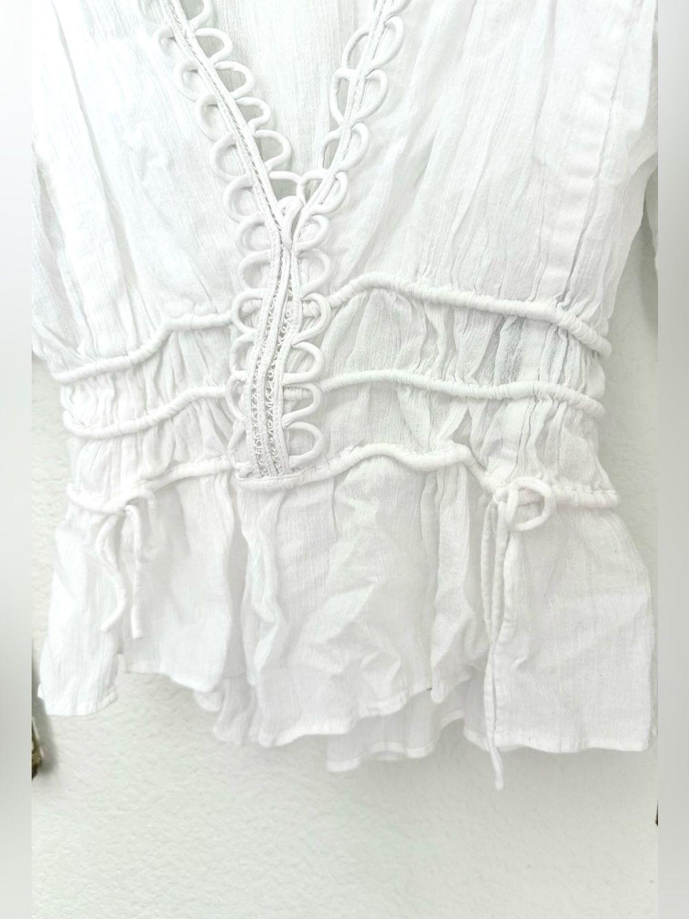 Isabel Marant Yemila Top Shirt Embroidered Ruched Cotton Flutter Sleeve Sz XS - Picture 5 of 9